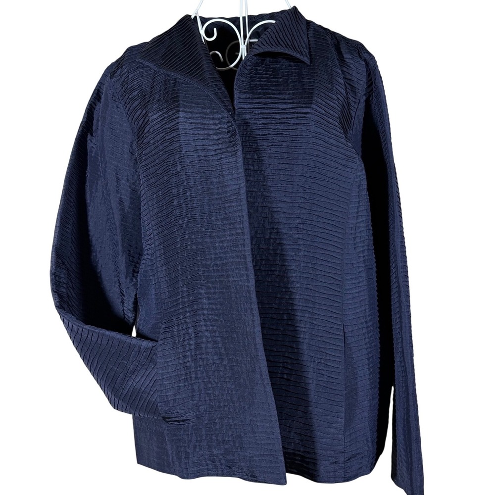 Eileen Fisher 100% Silk Pleated Crinkle Jacket Navy Blue Open Front Blazer L